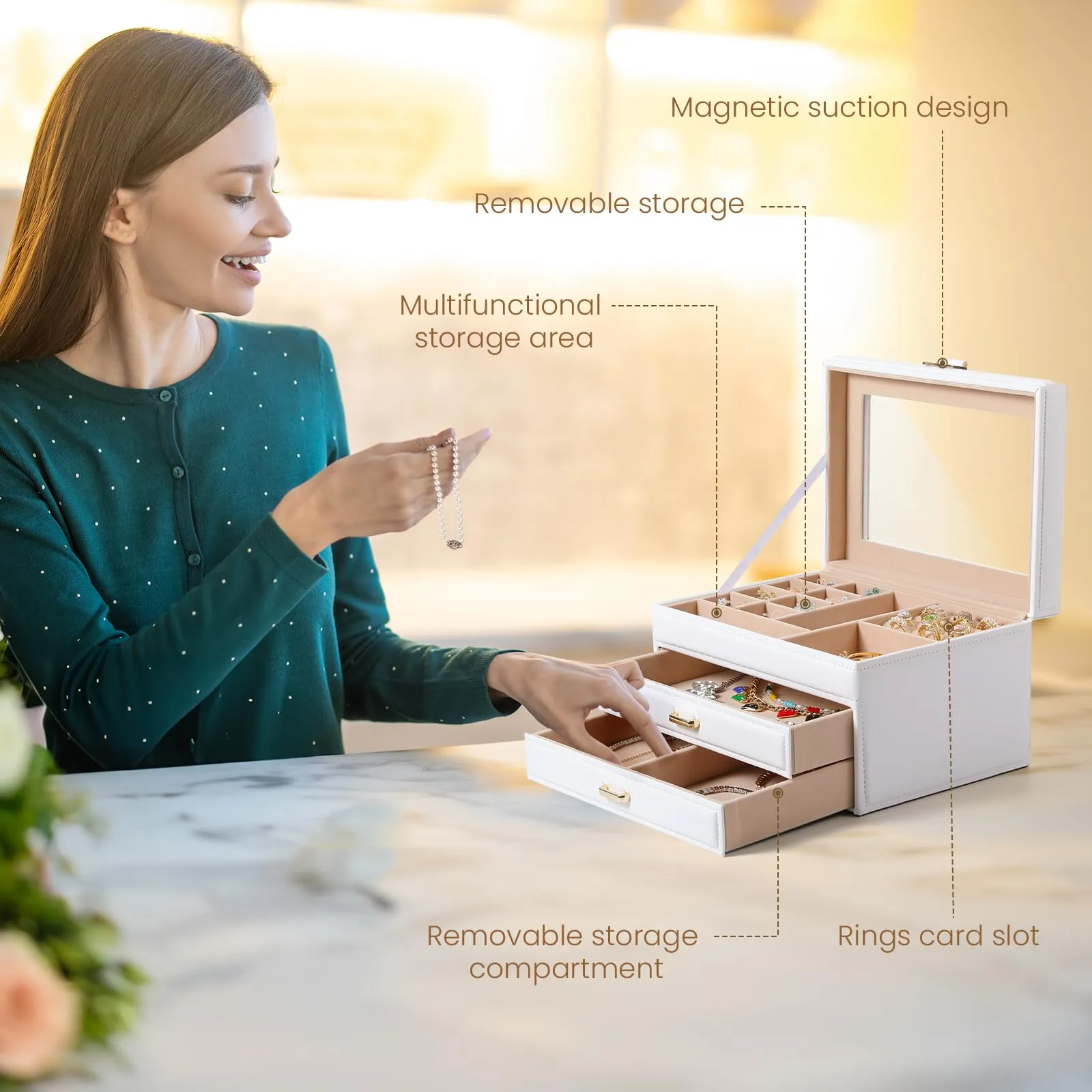 Godboat 3 Layer Jewelry Holder Organizer Box with Glass Lid, 2 Drawer Jewelry Storage, Big and Small Earring Ring Necklace Jewelry Tray for Girls, Valentines Day Gifts for Her