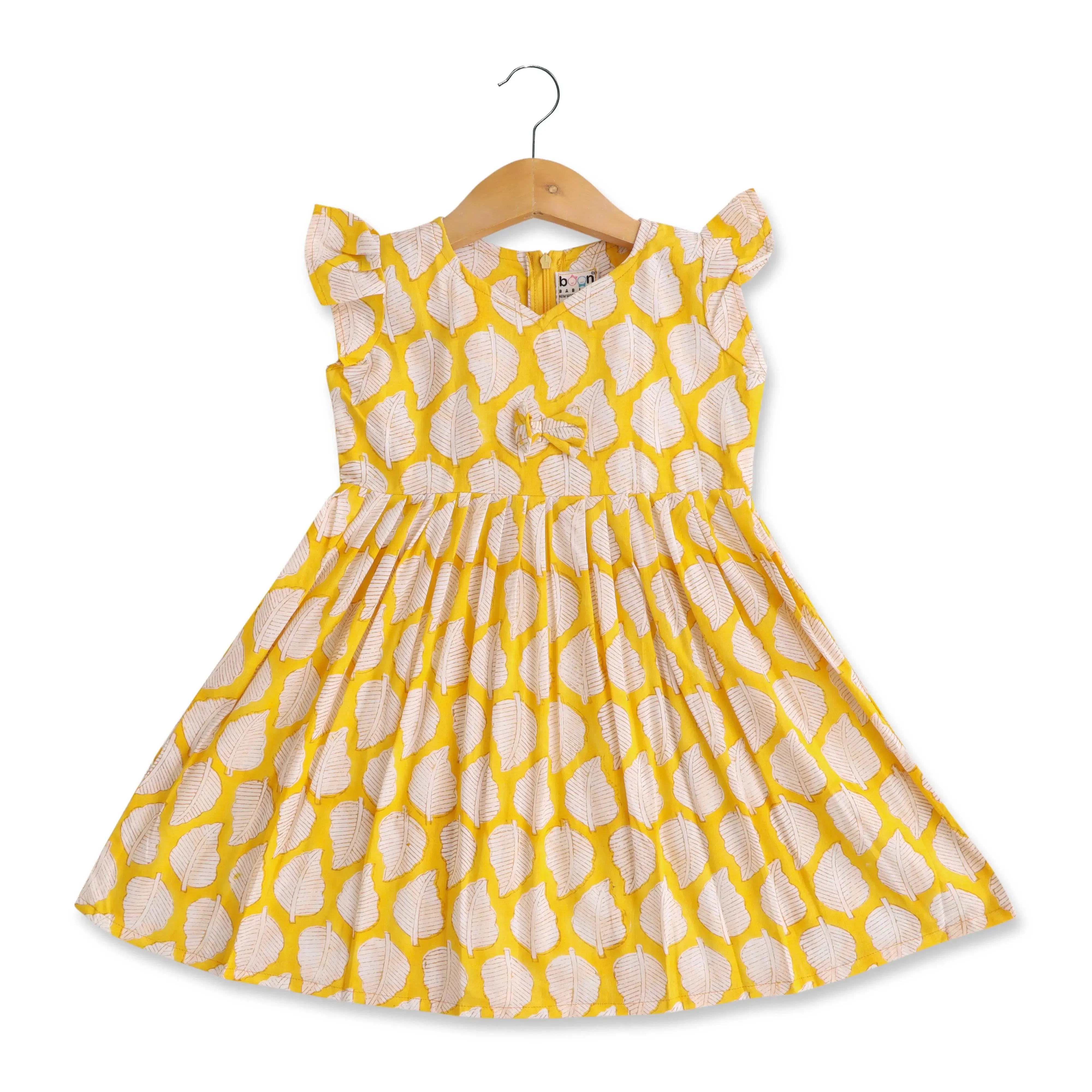 Golden Leaf Gala: Charming Yellow Cotton Frock with Nature-Inspired Prints
