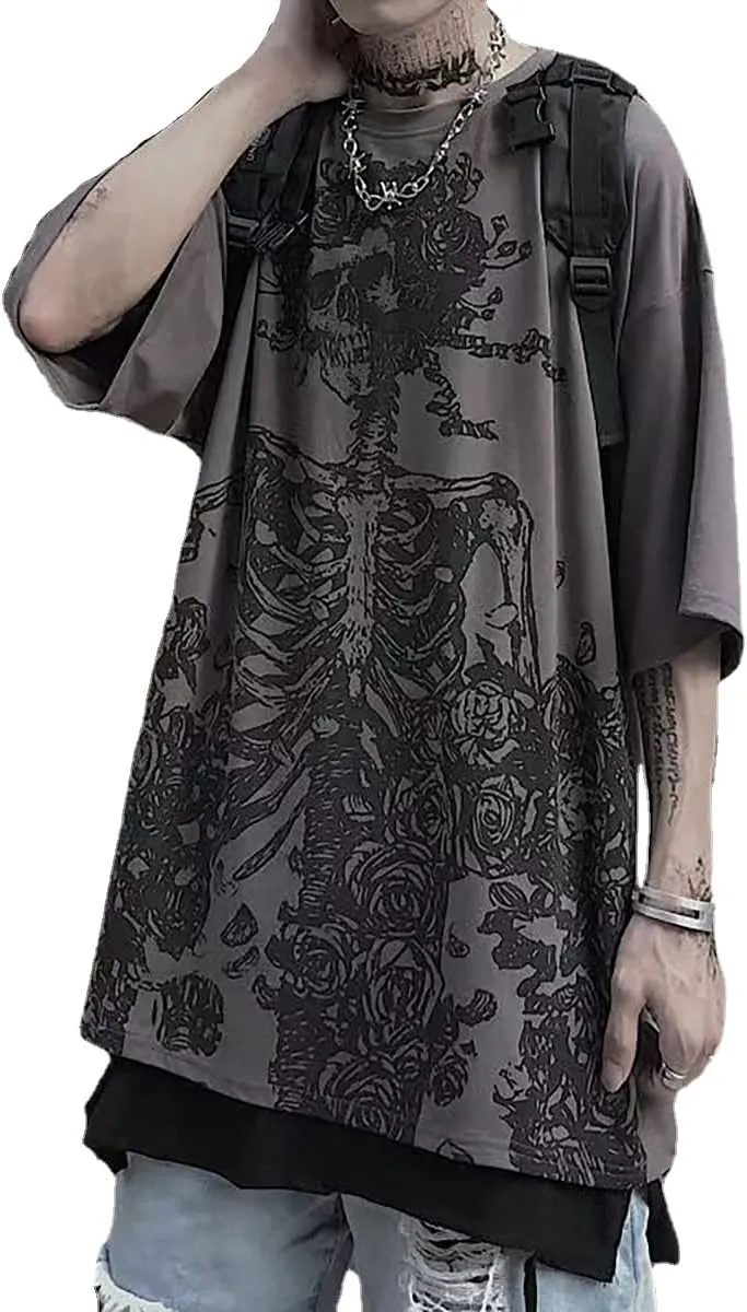 Gothic Casual Loose Oversized T-Shirt Harajuku Street Trend Men and Women Personalized Print Rock Animation Punk