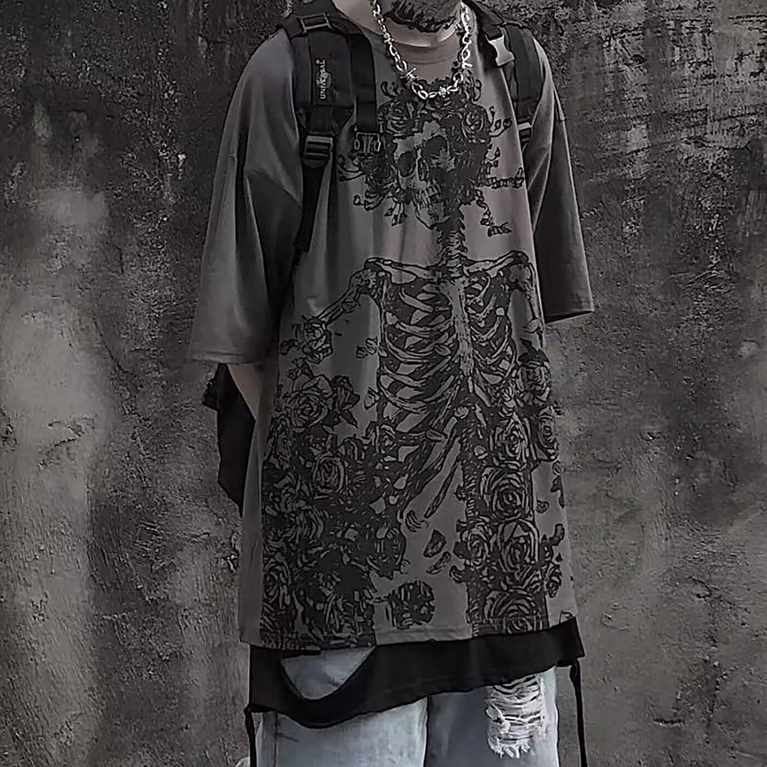 Gothic Casual Loose Oversized T-Shirt Harajuku Street Trend Men and Women Personalized Print Rock Animation Punk