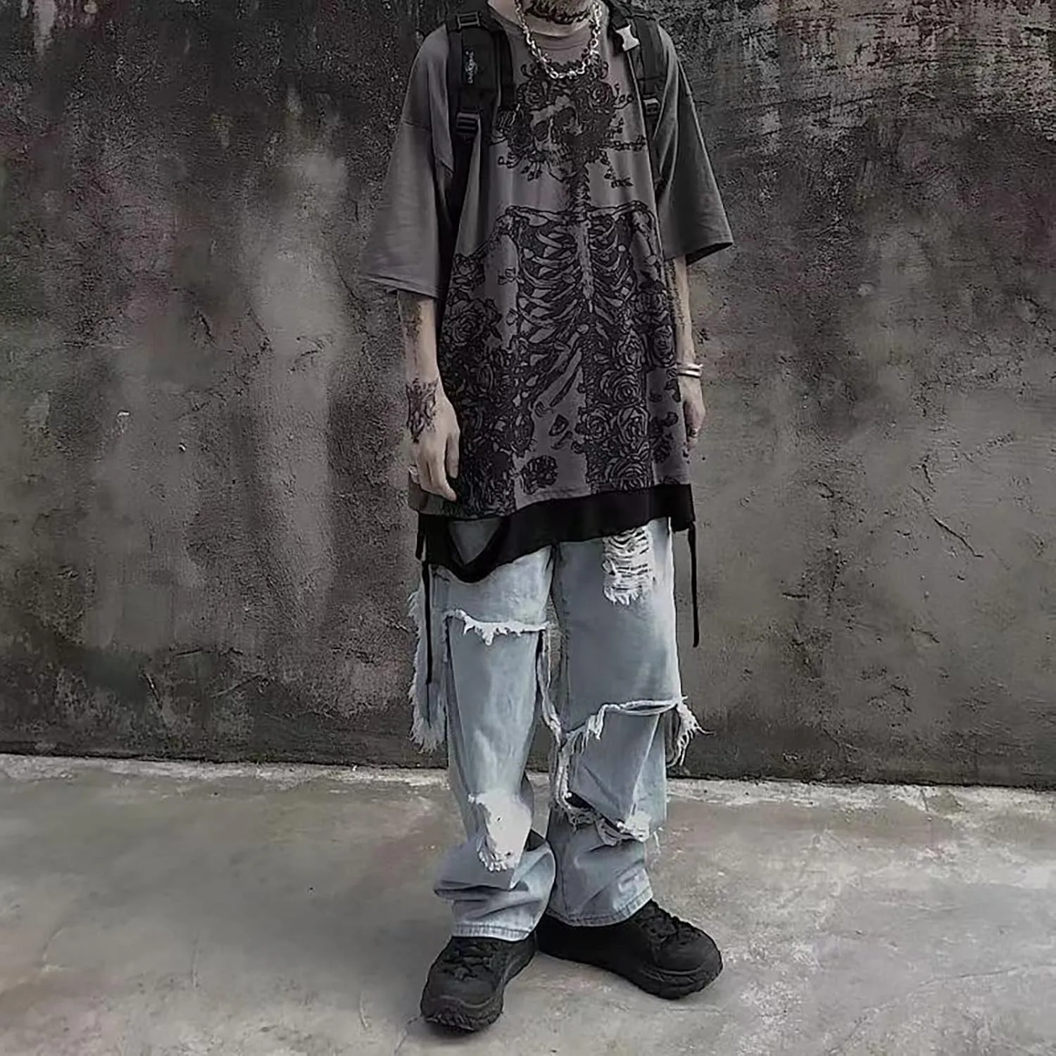 Gothic Casual Loose Oversized T-Shirt Harajuku Street Trend Men and Women Personalized Print Rock Animation Punk