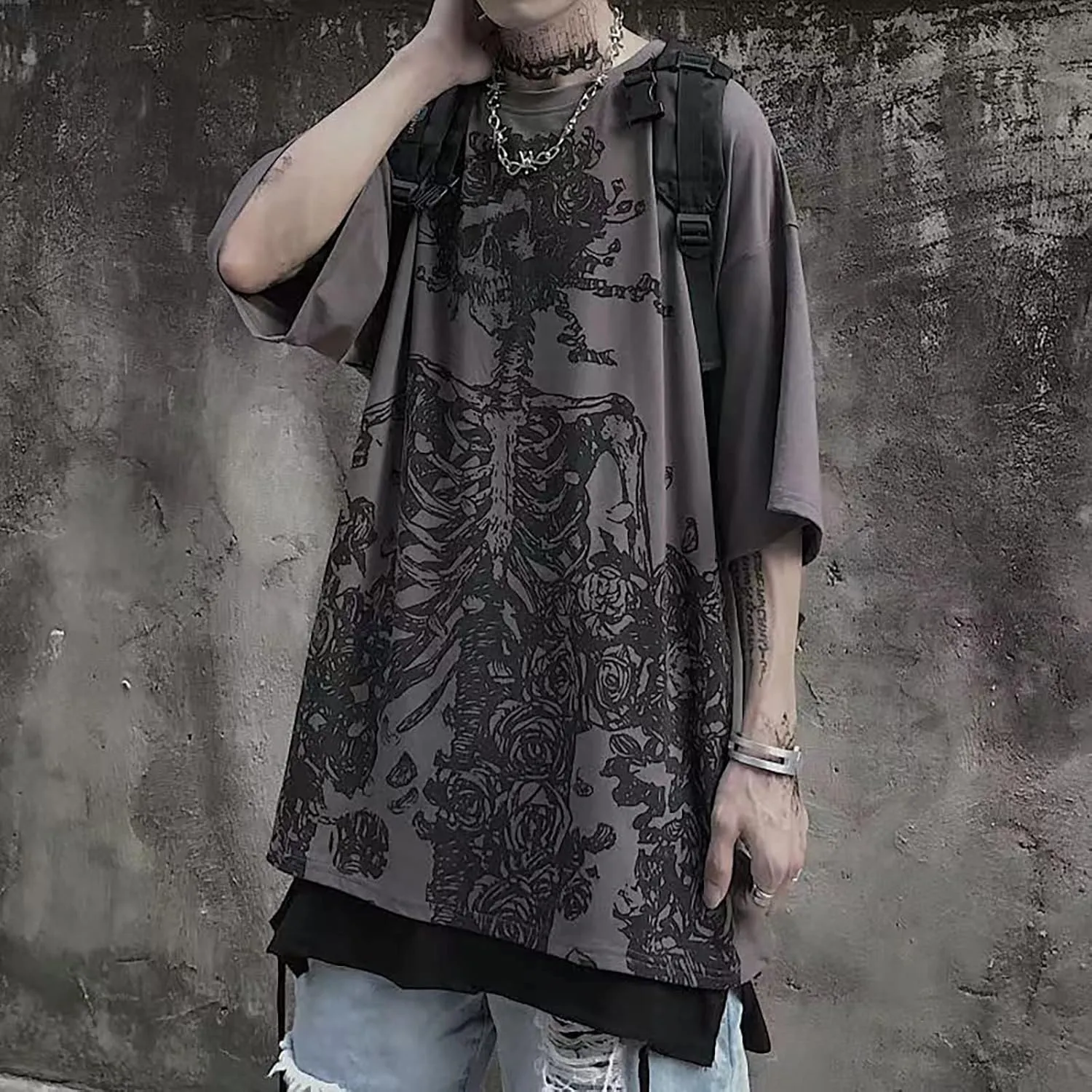 Gothic Casual Loose Oversized T-Shirt Harajuku Street Trend Men and Women Personalized Print Rock Animation Punk