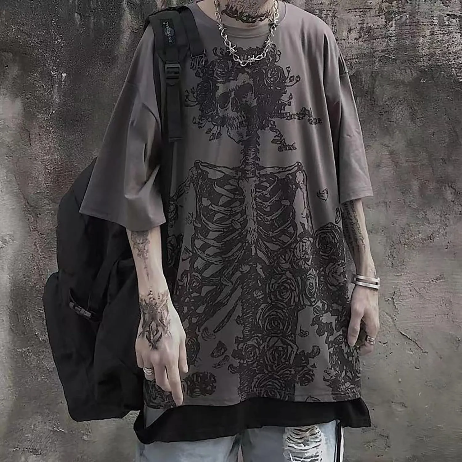 Gothic Casual Loose Oversized T-Shirt Harajuku Street Trend Men and Women Personalized Print Rock Animation Punk
