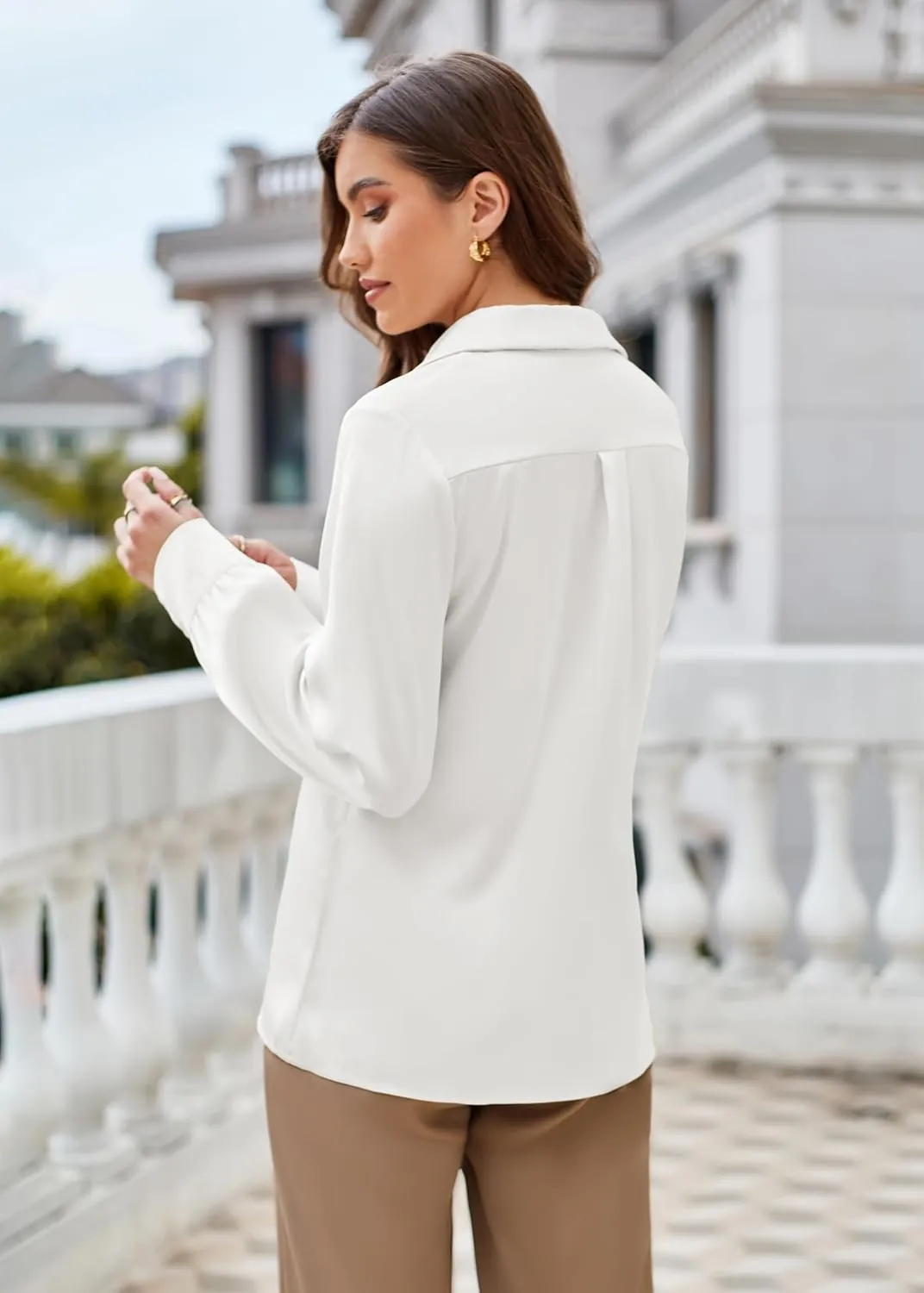 GRACE KARIN Women's Satin Silk Blouse Lapel V Neck Long Sleeve Casual Work Blouse Shirts Pullover Tops