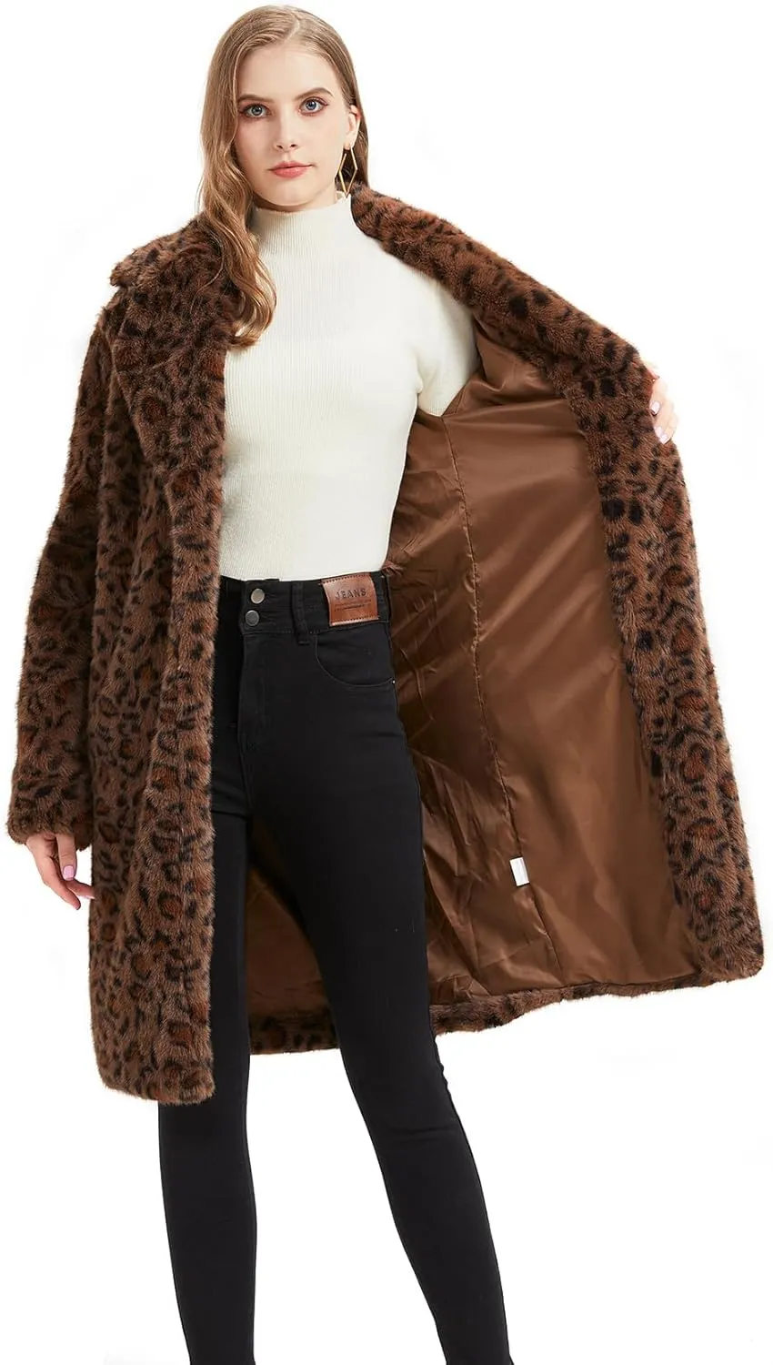 GRAN ORIENTE Luxury Winter Thickened Leopard Print Long Coats For Women,Faux Mink Fur Fluffy Trench Cardigan Jacket Overcoat