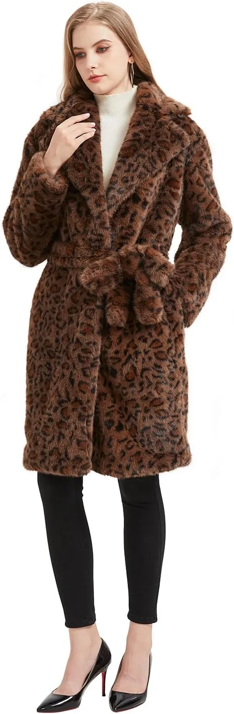GRAN ORIENTE Luxury Winter Thickened Leopard Print Long Coats For Women,Faux Mink Fur Fluffy Trench Cardigan Jacket Overcoat