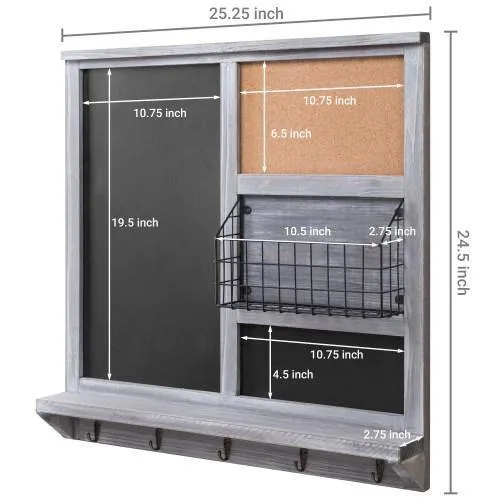 Gray Wood Chalkboard/Cork Board with Mail Basket, Shelf, and 5 Key Hooks