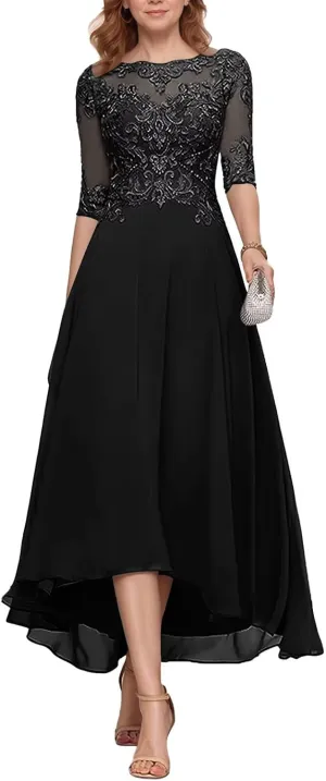 Half Sleeve Mother of The Bride Dresses for Wedding Tea Length Lace Appliques Chiffon Formal Evening Party Gown