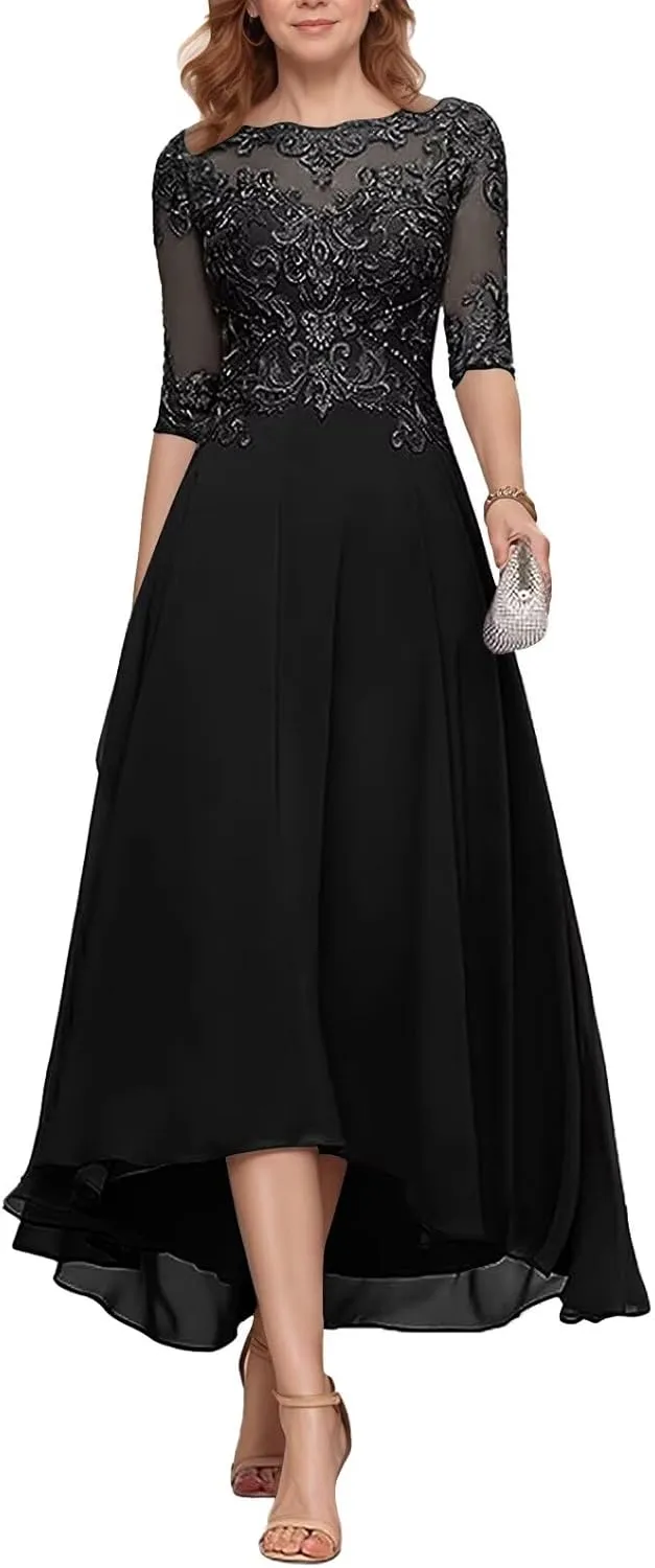 Half Sleeve Mother of The Bride Dresses for Wedding Tea Length Lace Appliques Chiffon Formal Evening Party Gown