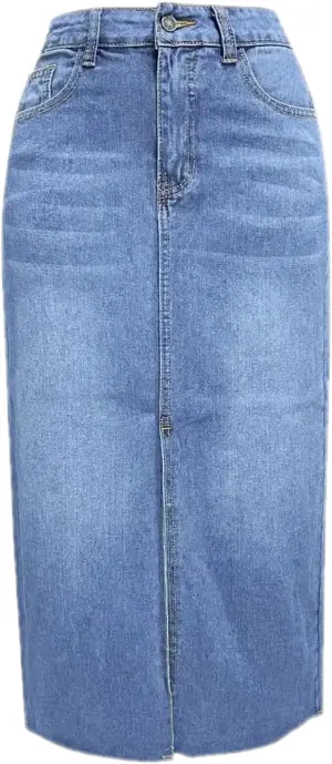 High-Waisted Denim Skirt with Front Slit Pockets Women's A-Line Midi Skirt for Summer Streetwear