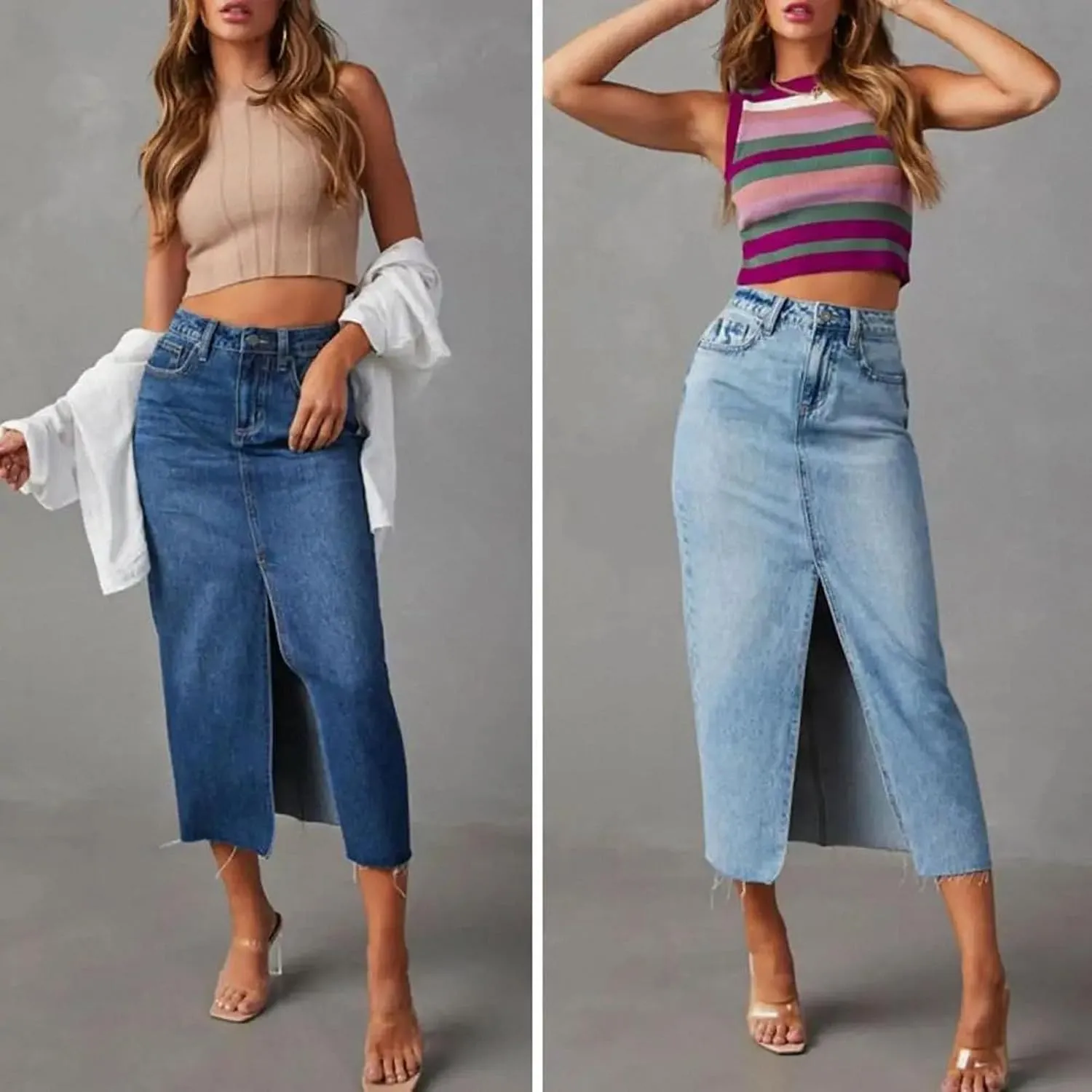 High-Waisted Denim Skirt with Front Slit Pockets Women's A-Line Midi Skirt for Summer Streetwear