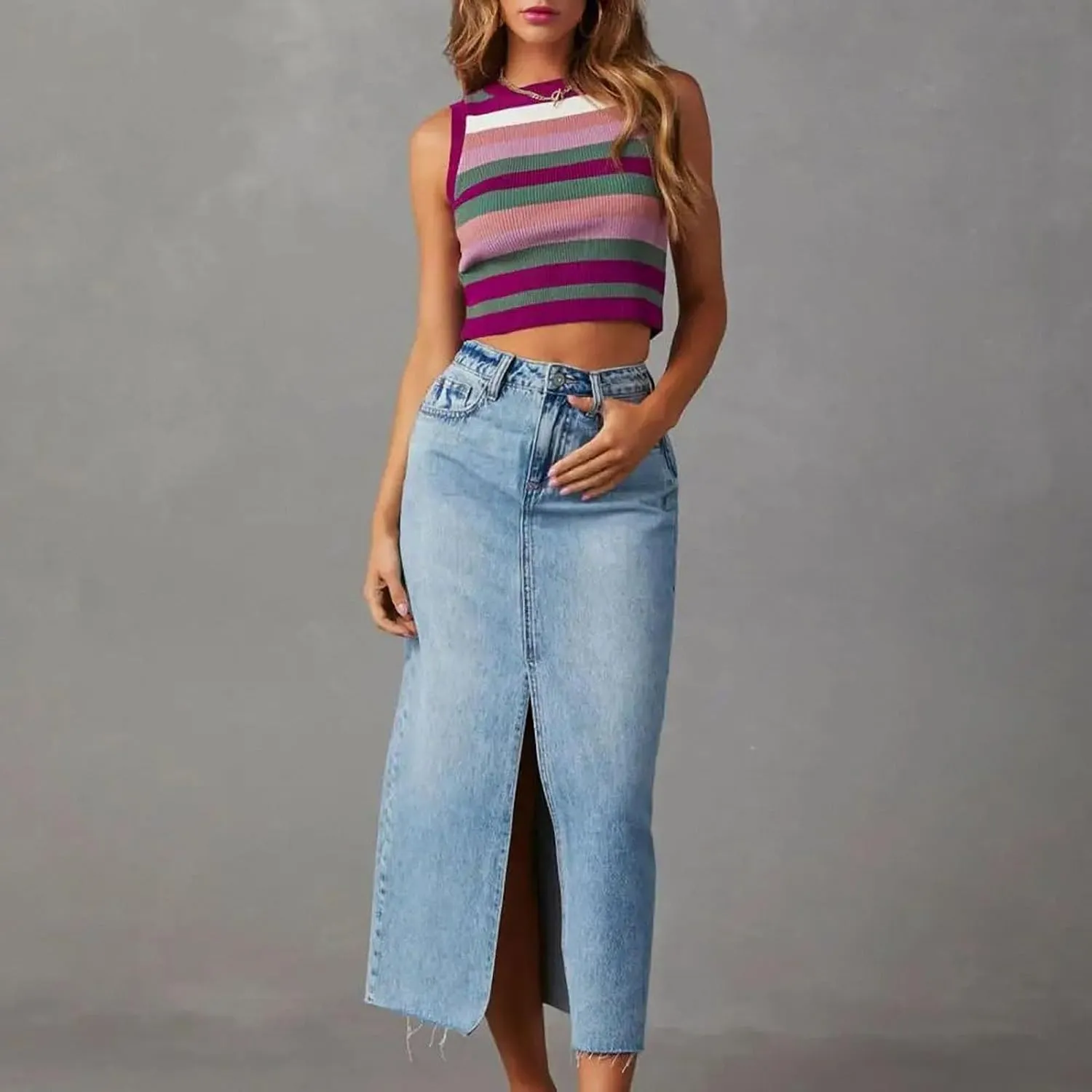 High-Waisted Denim Skirt with Front Slit Pockets Women's A-Line Midi Skirt for Summer Streetwear