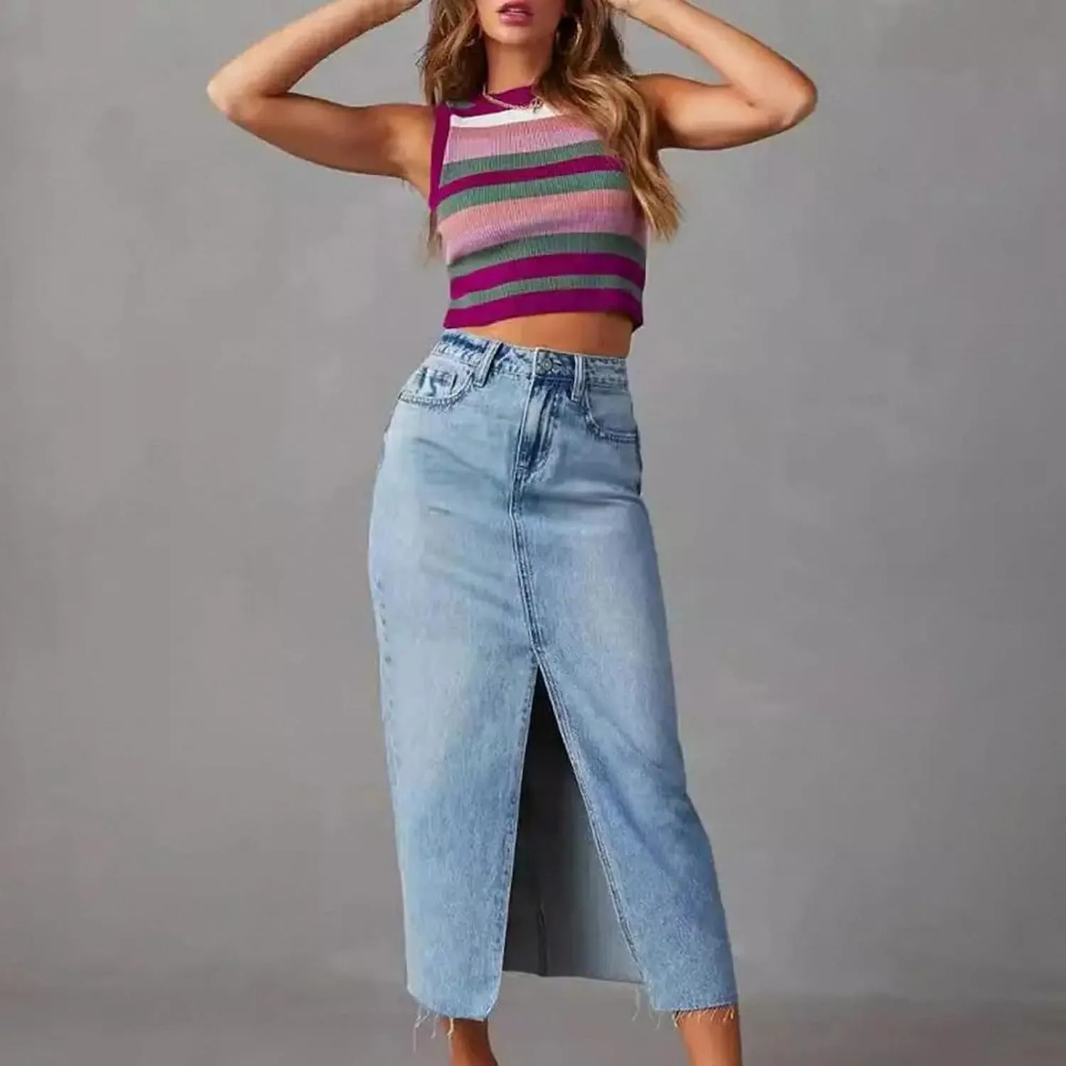 High-Waisted Denim Skirt with Front Slit Pockets Women's A-Line Midi Skirt for Summer Streetwear
