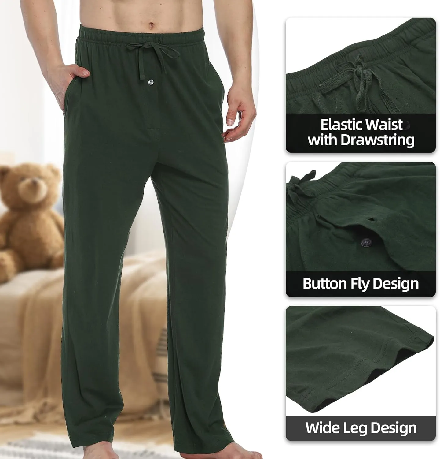 HomyComy Men's Pajama Pants Soft Sleep Pants Pajama Bottoms Cotton Lounge Pants with Pockets