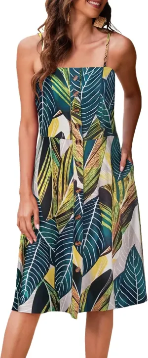 Hount Womens Summer Casual Dresses Spaghetti Strap Button Down Boho Beach Midi Sundress with Pockets