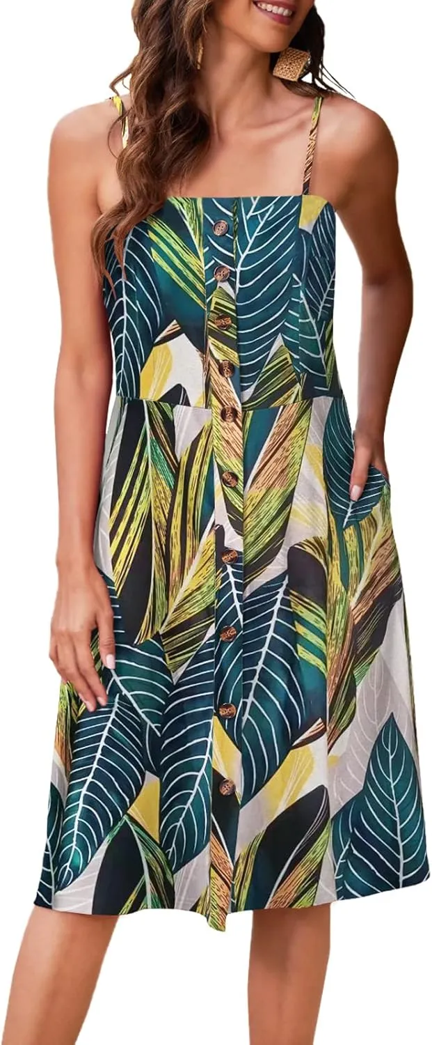 Hount Womens Summer Casual Dresses Spaghetti Strap Button Down Boho Beach Midi Sundress with Pockets