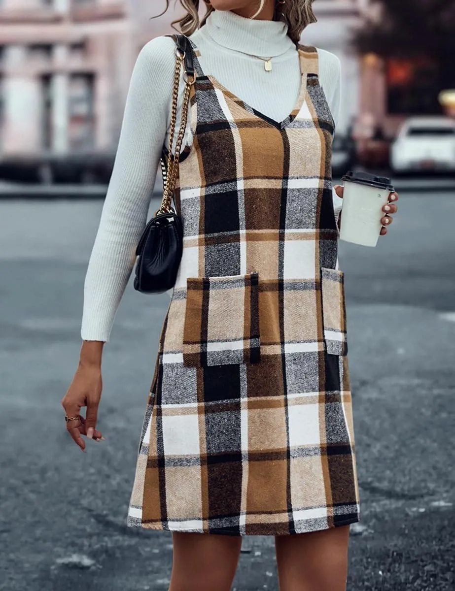 IDEALSANXUN Plaid Overall Dress for Women Fall Winter Sleeveless Plaid Dresses with Pockets