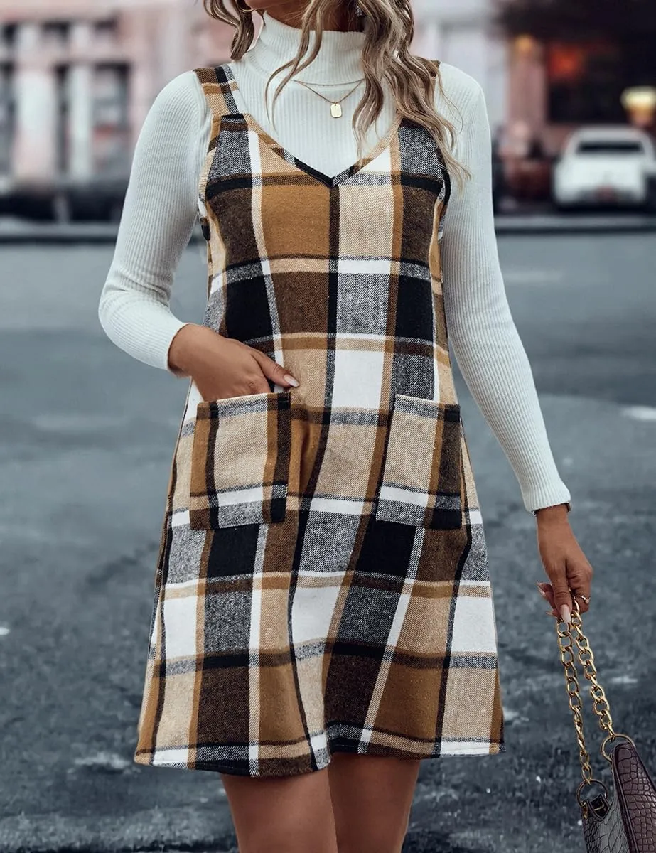 IDEALSANXUN Plaid Overall Dress for Women Fall Winter Sleeveless Plaid Dresses with Pockets