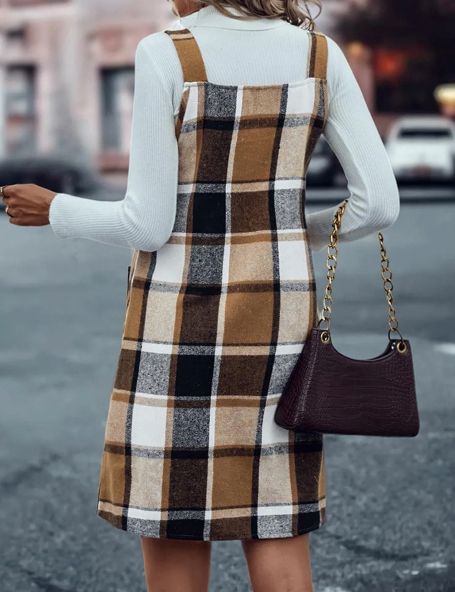 IDEALSANXUN Plaid Overall Dress for Women Fall Winter Sleeveless Plaid Dresses with Pockets