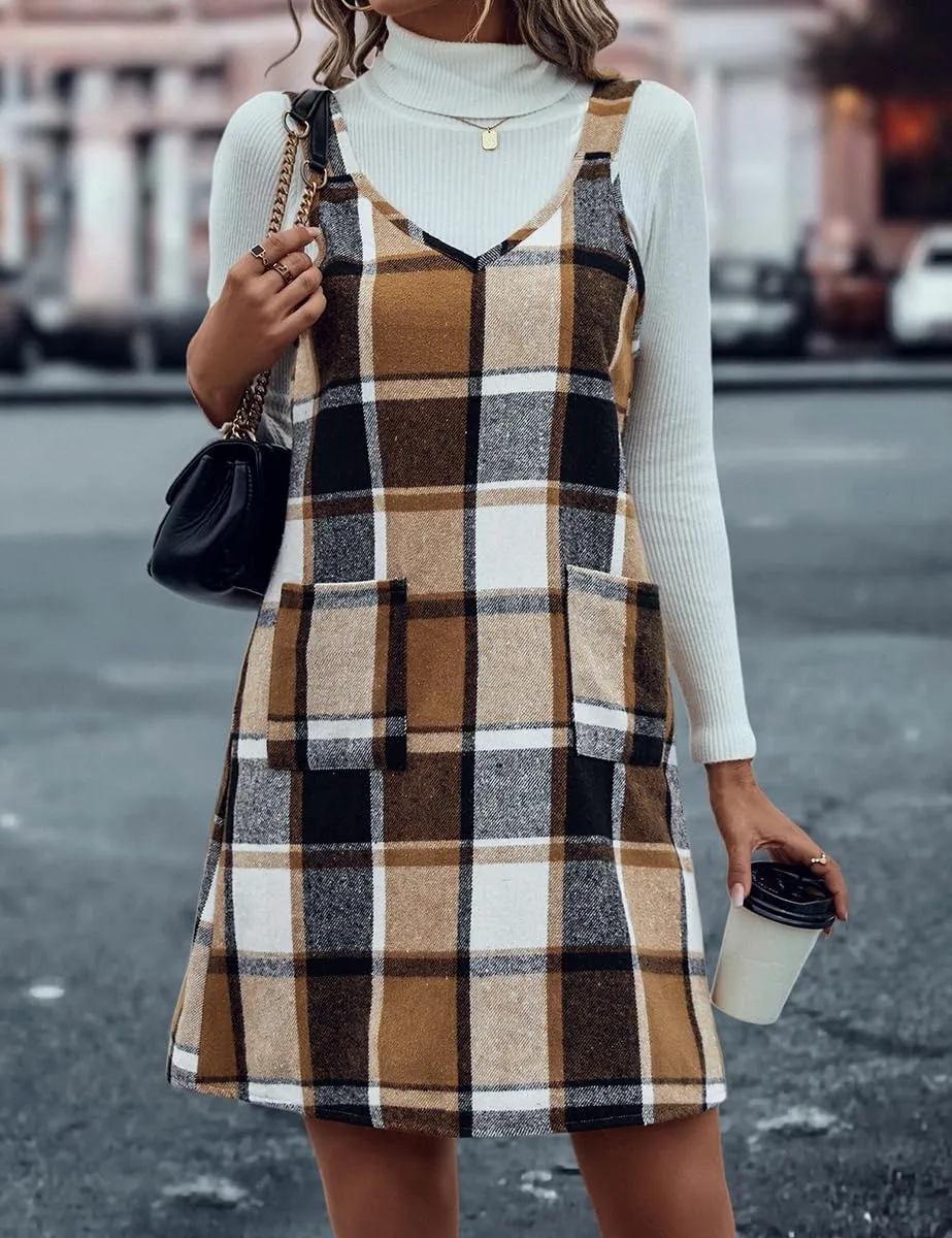 IDEALSANXUN Plaid Overall Dress for Women Fall Winter Sleeveless Plaid Dresses with Pockets
