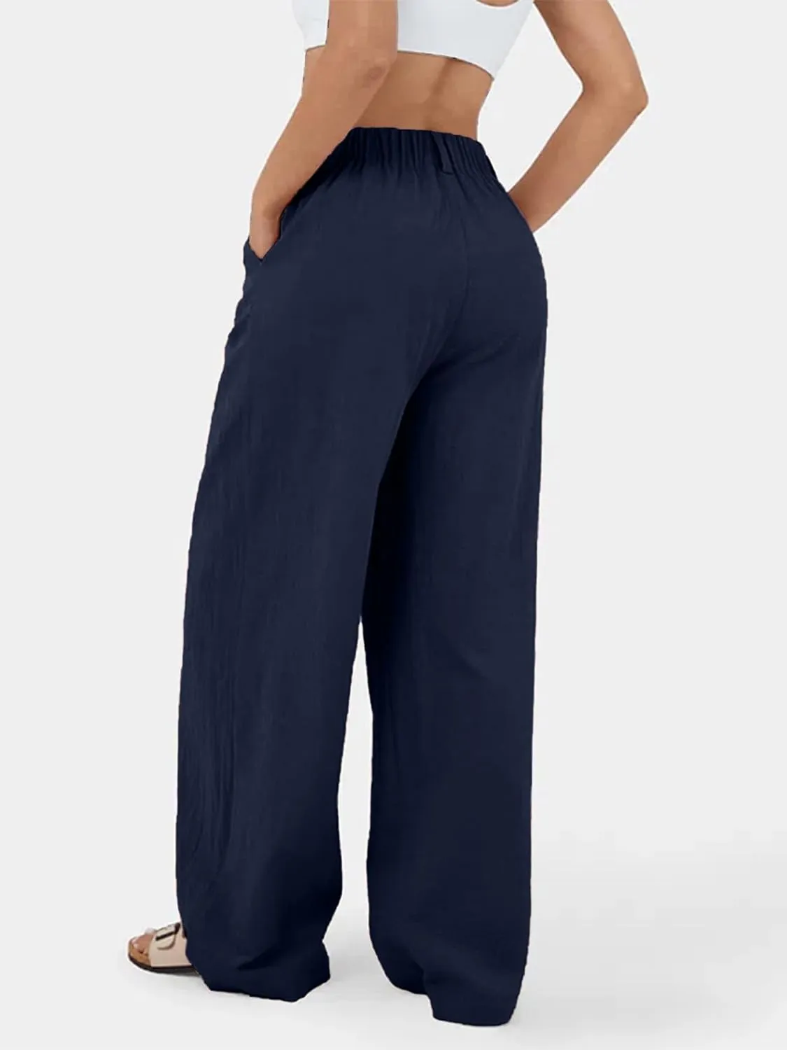 IFFEI Womens Linen Pants Casual Loose Wide Leg High Waist Button Up Pants Trousers with Pockets