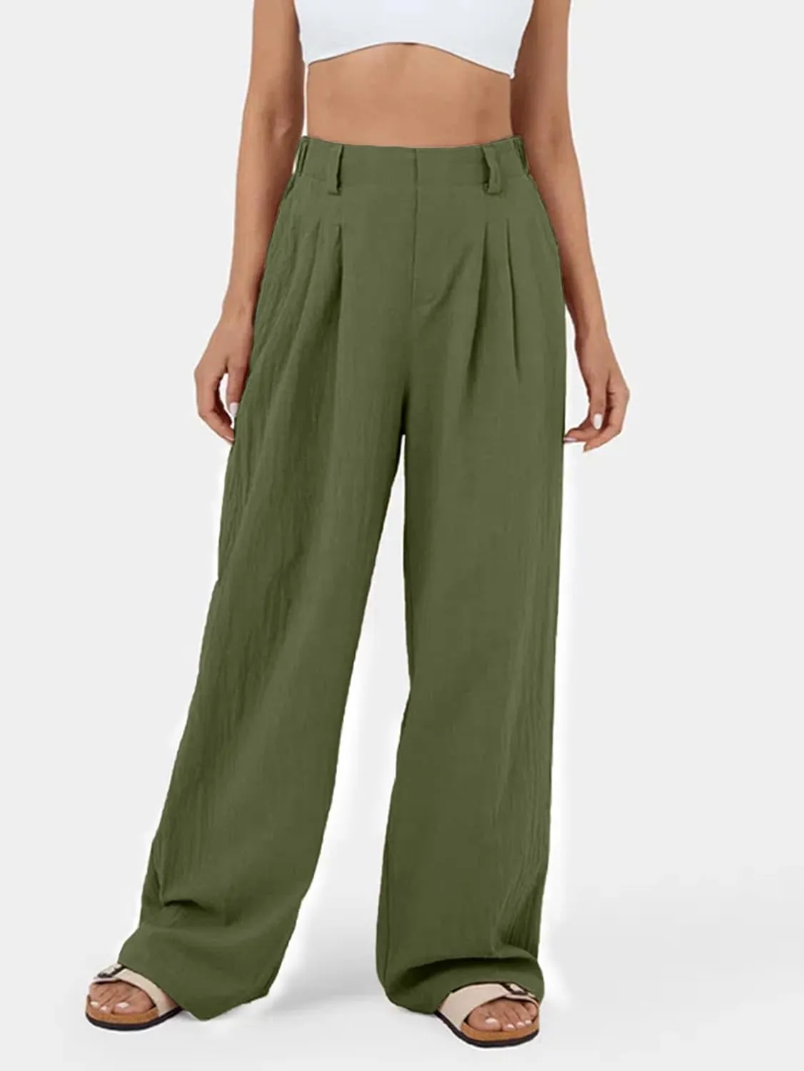 IFFEI Womens Linen Pants Casual Loose Wide Leg High Waist Button Up Pants Trousers with Pockets