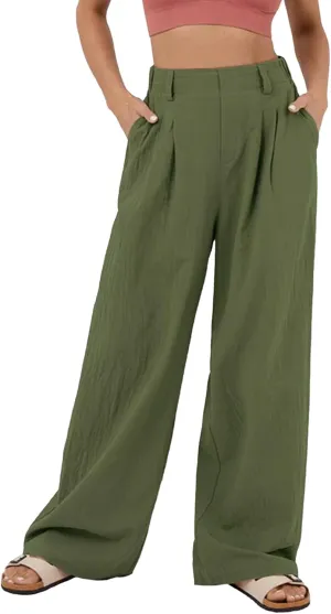IFFEI Womens Linen Pants Casual Loose Wide Leg High Waist Button Up Pants Trousers with Pockets