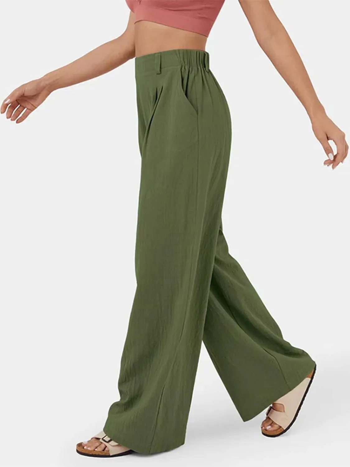 IFFEI Womens Linen Pants Casual Loose Wide Leg High Waist Button Up Pants Trousers with Pockets