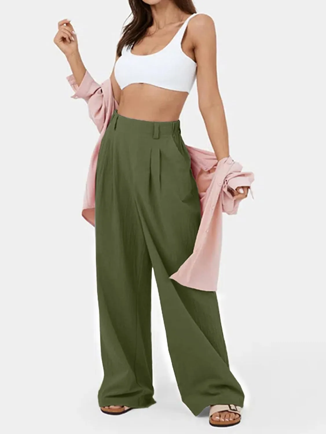 IFFEI Womens Linen Pants Casual Loose Wide Leg High Waist Button Up Pants Trousers with Pockets
