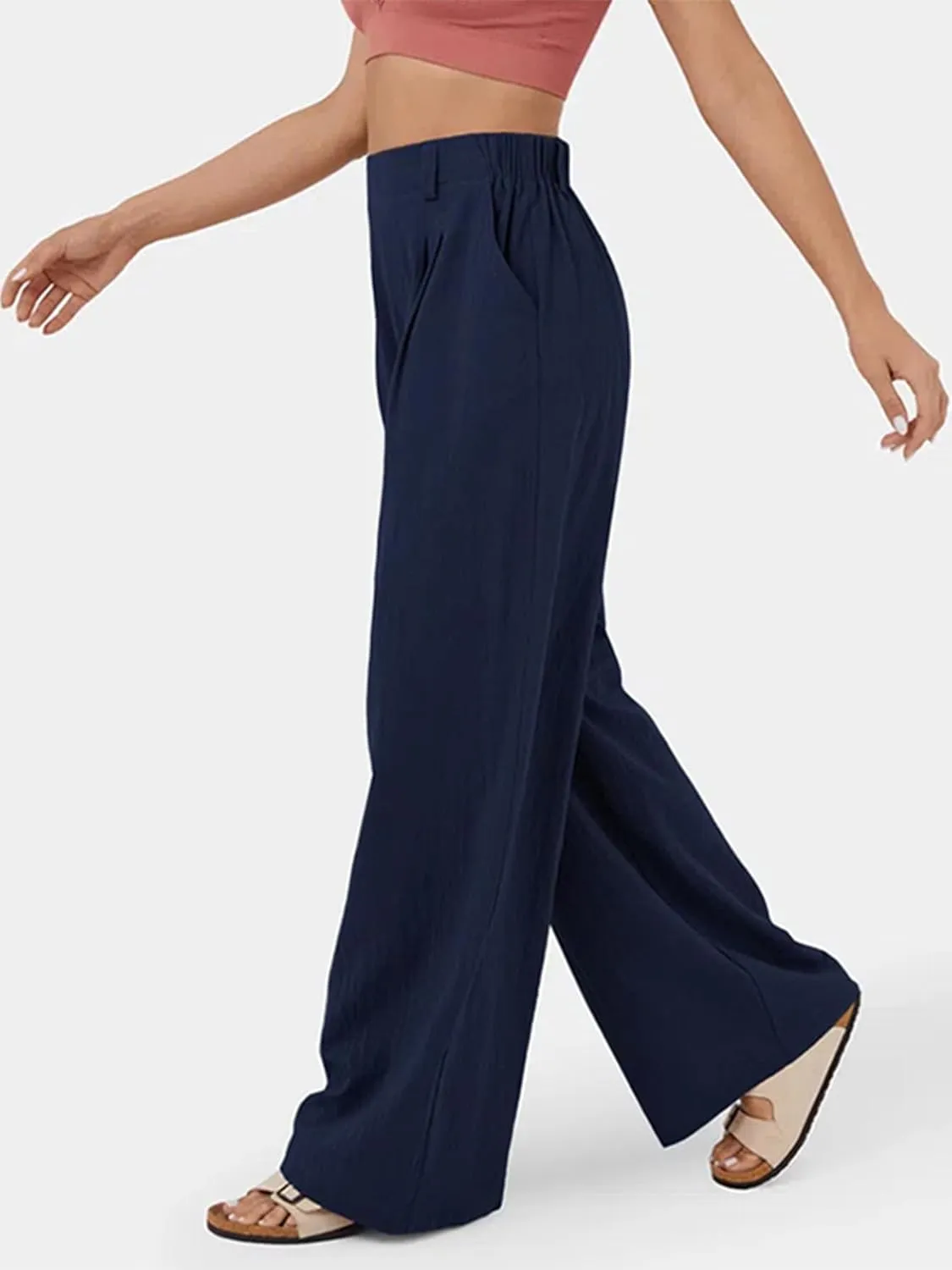 IFFEI Womens Linen Pants Casual Loose Wide Leg High Waist Button Up Pants Trousers with Pockets