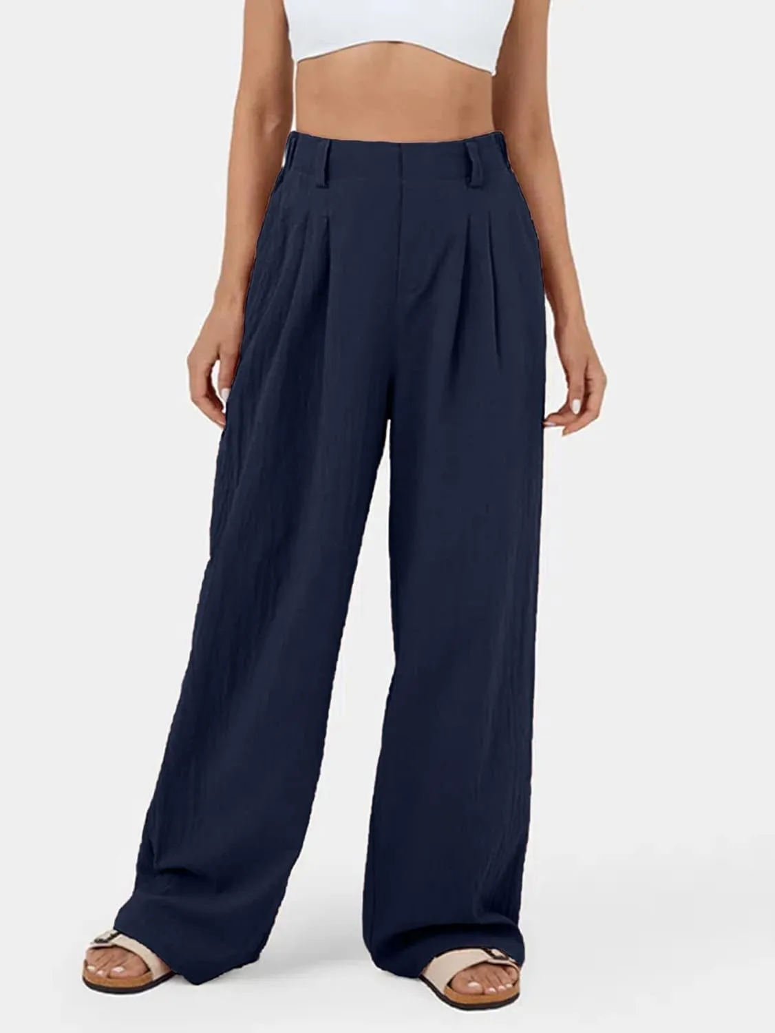 IFFEI Womens Linen Pants Casual Loose Wide Leg High Waist Button Up Pants Trousers with Pockets