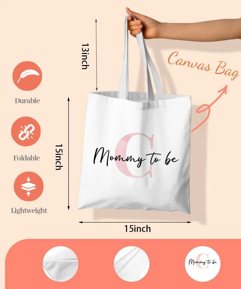 Initial Mommy to Be Gifts Pink Canvas Tote Bag for Women, New Mom Gifts, Mommy to be Gift Tote Bag, Alphabet Tote Bag