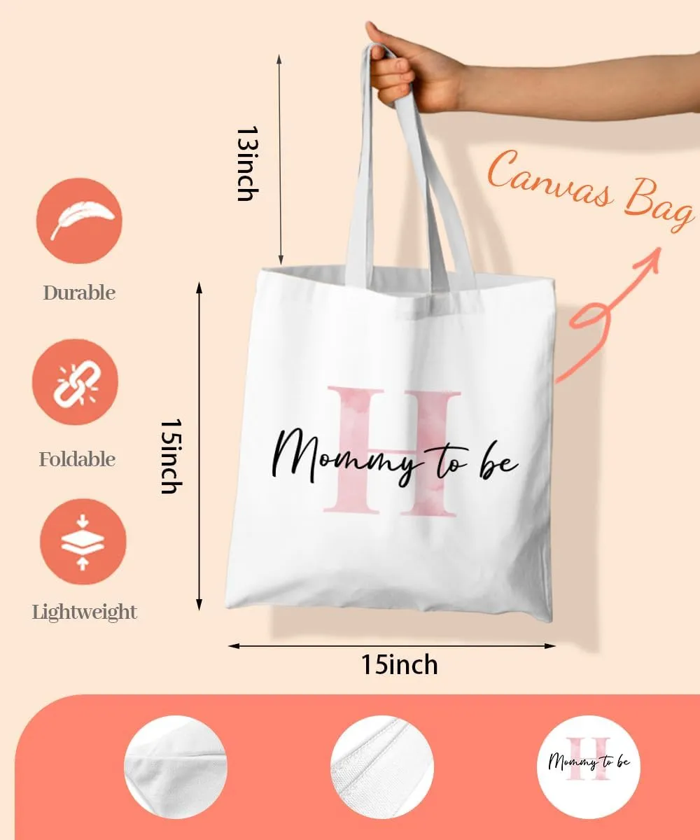 Initial Mommy to Be Gifts Pink Canvas Tote Bag for Women, New Mom Gifts, Mommy to be Gift Tote Bag, Alphabet Tote Bag