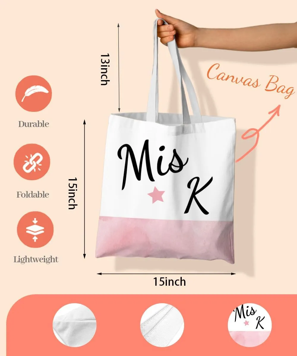 Initial Pink Canvas Tote Bag for Women, Miss Initial Tote Bags, Alphabet Christmas Birthday Gifts,Monogrammed Tote Bags