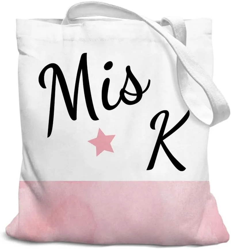 Initial Pink Canvas Tote Bag for Women, Miss Initial Tote Bags, Alphabet Christmas Birthday Gifts,Monogrammed Tote Bags
