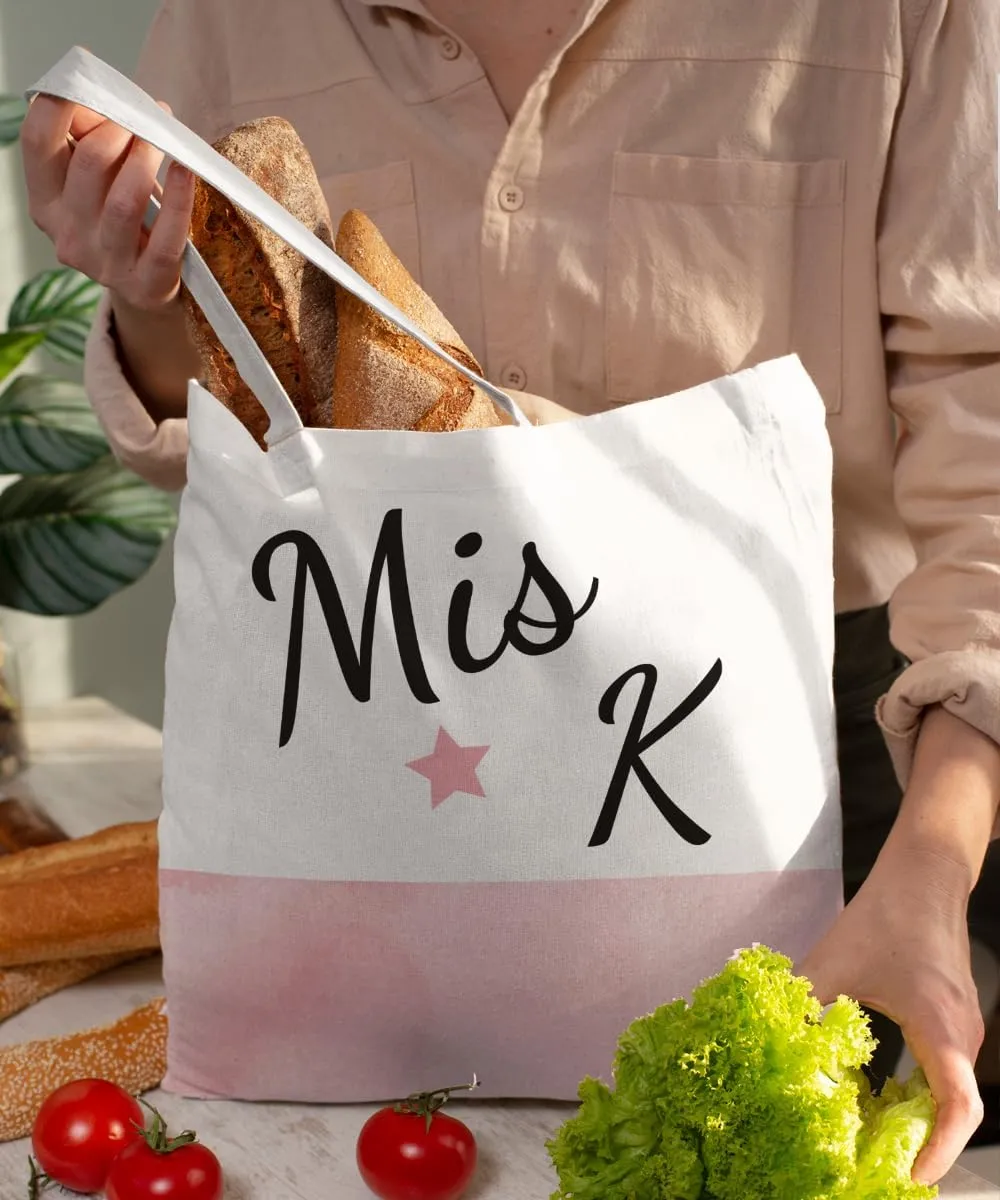 Initial Pink Canvas Tote Bag for Women, Miss Initial Tote Bags, Alphabet Christmas Birthday Gifts,Monogrammed Tote Bags