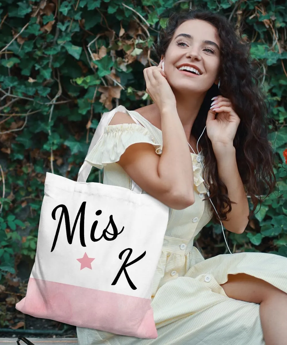 Initial Pink Canvas Tote Bag for Women, Miss Initial Tote Bags, Alphabet Christmas Birthday Gifts,Monogrammed Tote Bags