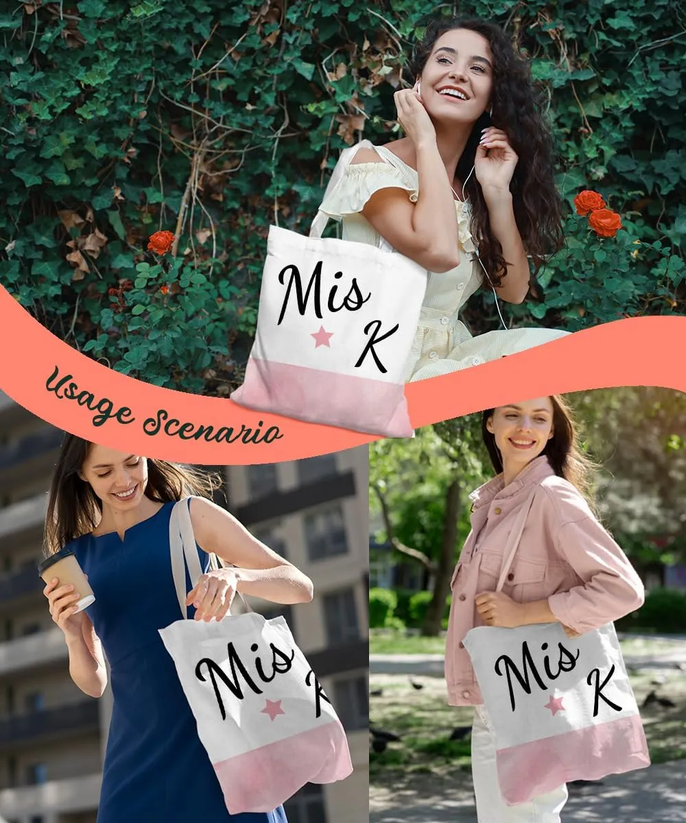 Initial Pink Canvas Tote Bag for Women, Miss Initial Tote Bags, Alphabet Christmas Birthday Gifts,Monogrammed Tote Bags