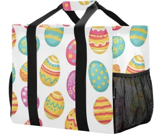 JUNZAN Easter Utility Tote Bag For Women Foldable Beach Tote With Pockets Reusable Grocery Bag Canvas Tote Bag For Car Easter with Eggs