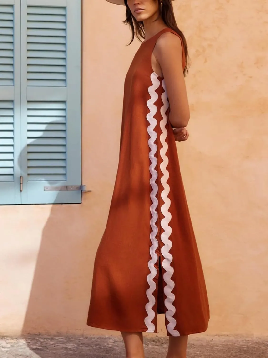 KEOMUD Women Sundress Sleeveless Maxi Dress Summer Crewneck Split Long Beach Dress 2024