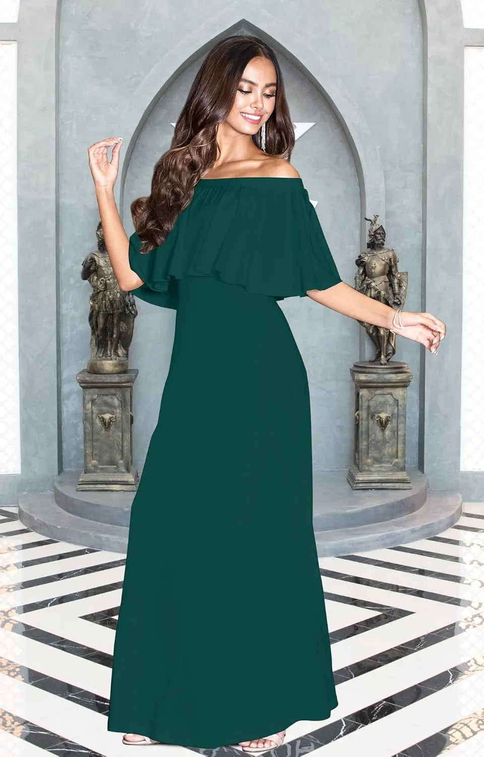 KOH KOH Womens Short Sleeve Off The Shoulder Strapless Ruffle Tube Maxi Dress