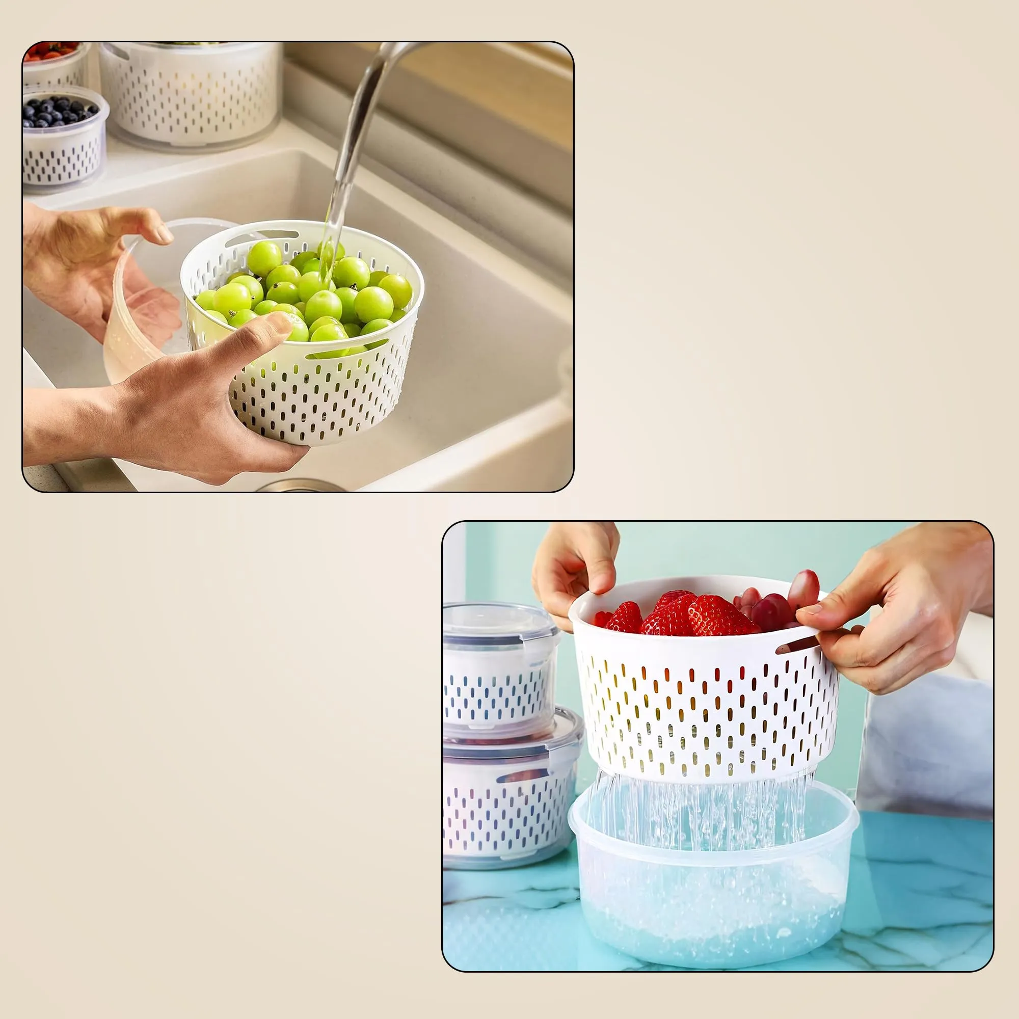 Kuber Industries 6 Pcs Food Containers | Round Storage Box for Fridge | Vegetable Fruit Strainer Basket | Refrigerator Storage Box | Containers With Airtight Lid | HXP00282 | Transparent | Pack of 2