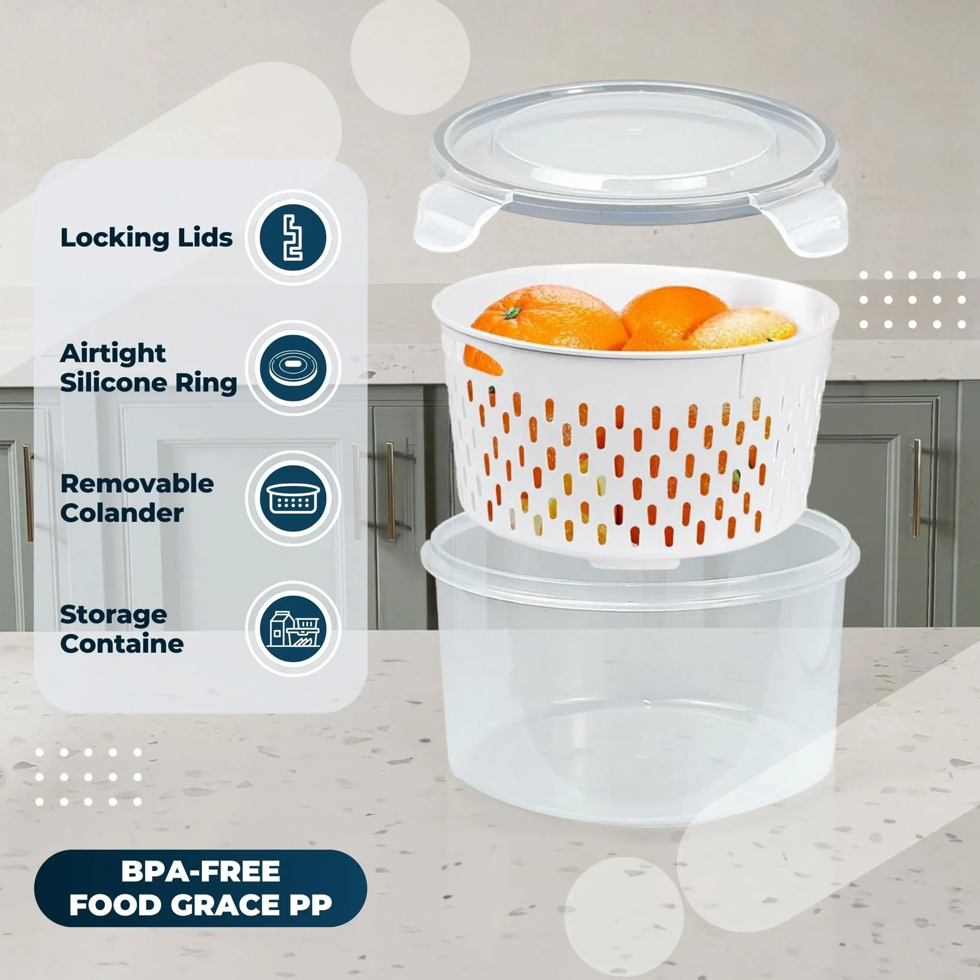 Kuber Industries 6 Pcs Food Containers | Round Storage Box for Fridge | Vegetable Fruit Strainer Basket | Refrigerator Storage Box | Containers With Airtight Lid | HXP00282 | Transparent | Pack of 2
