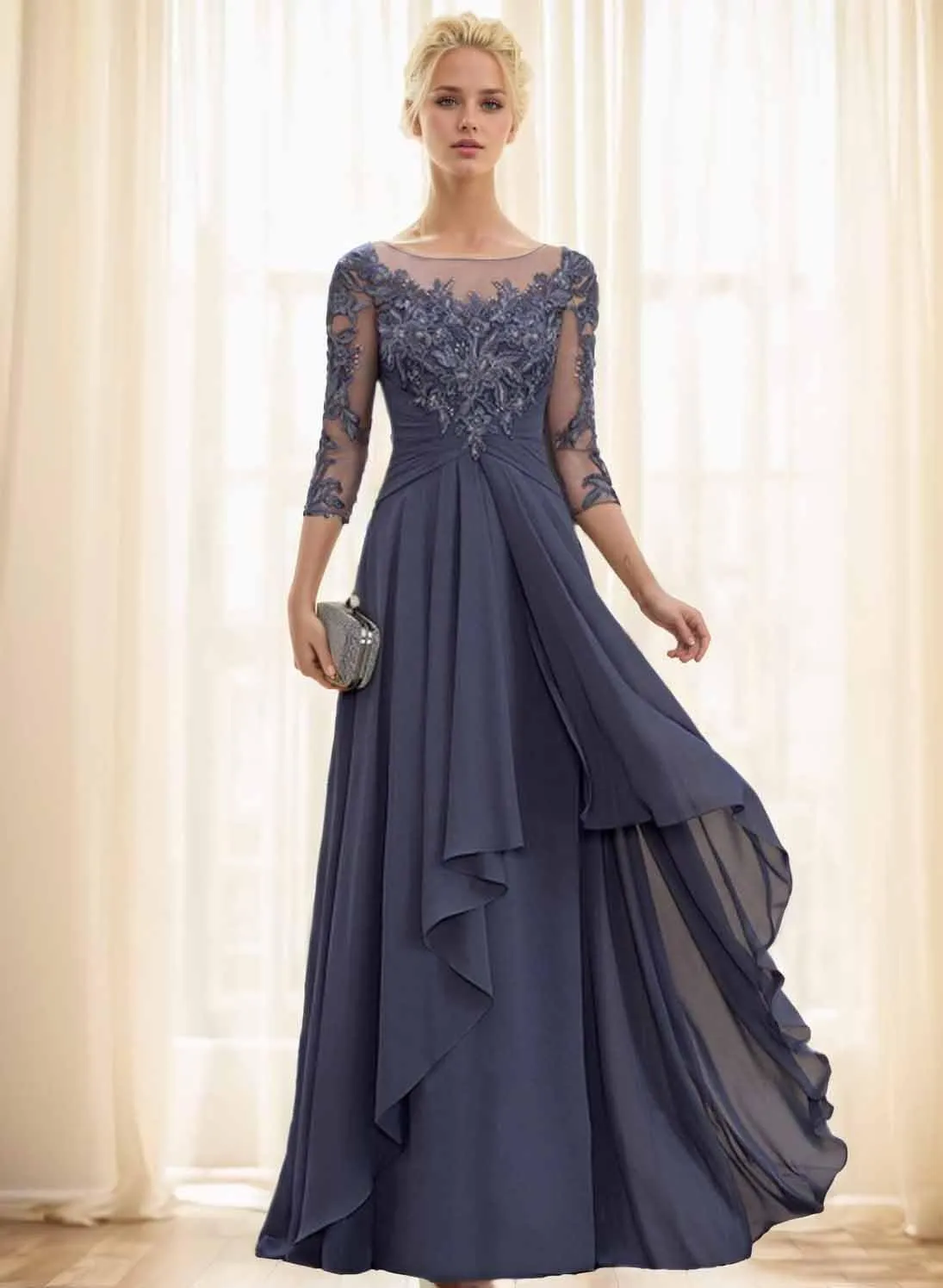 Lace Applique Mother of The Bride Dress for Wedding Long Sleeves Chiffon A Line Formal Dress Evening Gown