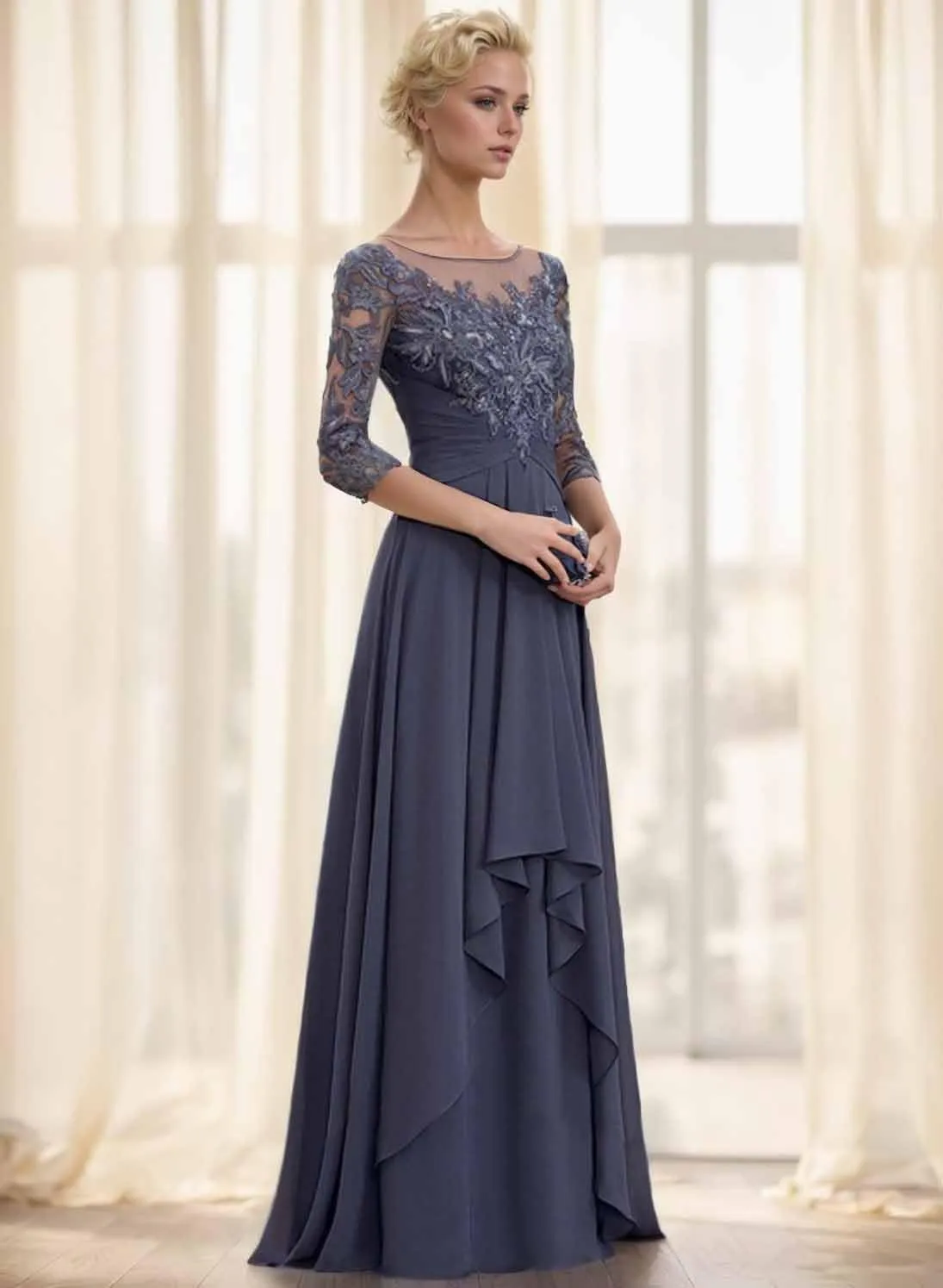 Lace Applique Mother of The Bride Dress for Wedding Long Sleeves Chiffon A Line Formal Dress Evening Gown