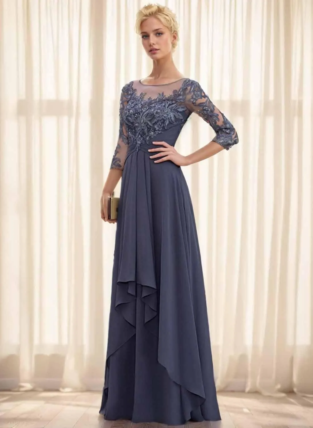 Lace Applique Mother of The Bride Dress for Wedding Long Sleeves Chiffon A Line Formal Dress Evening Gown