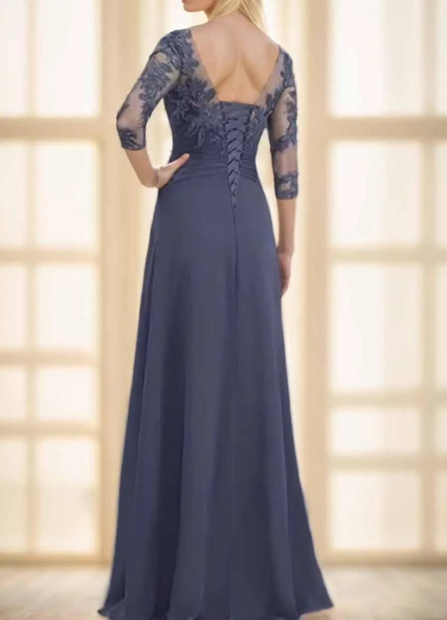 Lace Applique Mother of The Bride Dress for Wedding Long Sleeves Chiffon A Line Formal Dress Evening Gown