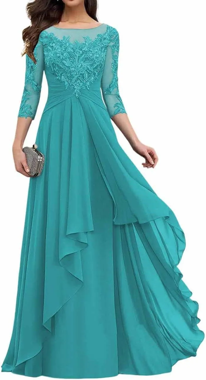Lace Applique Mother of The Bride Dress for Wedding Long Sleeves Chiffon A Line Formal Dress Evening Gown