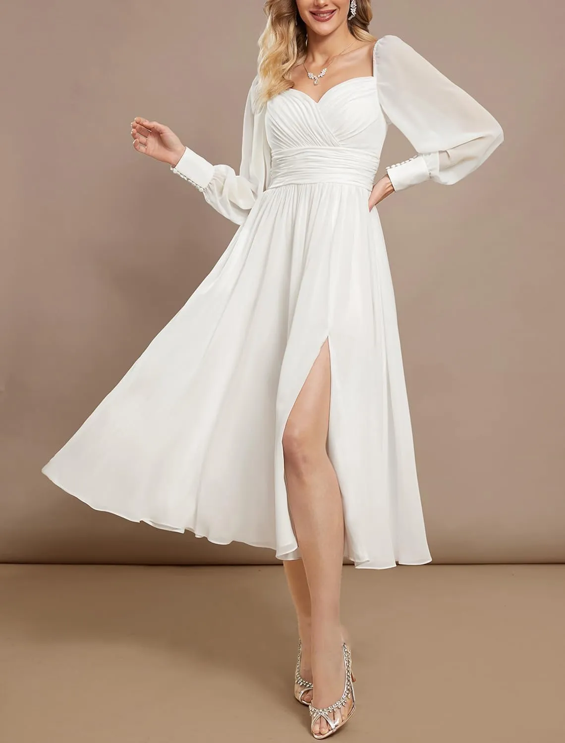 Lace Tea Length Wedding Dresses for Bride A-Line Long Sleeve Bridal Gown Appliques Formal Evening Gowns