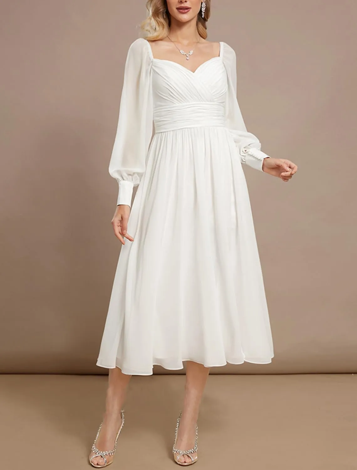 Lace Tea Length Wedding Dresses for Bride A-Line Long Sleeve Bridal Gown Appliques Formal Evening Gowns